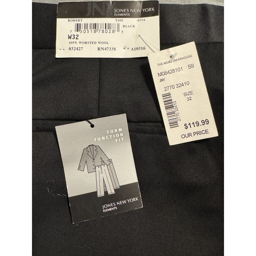 Jones New York Elements Tuxedo Pants 32W Black Worsted Wool NWT Unhemmed